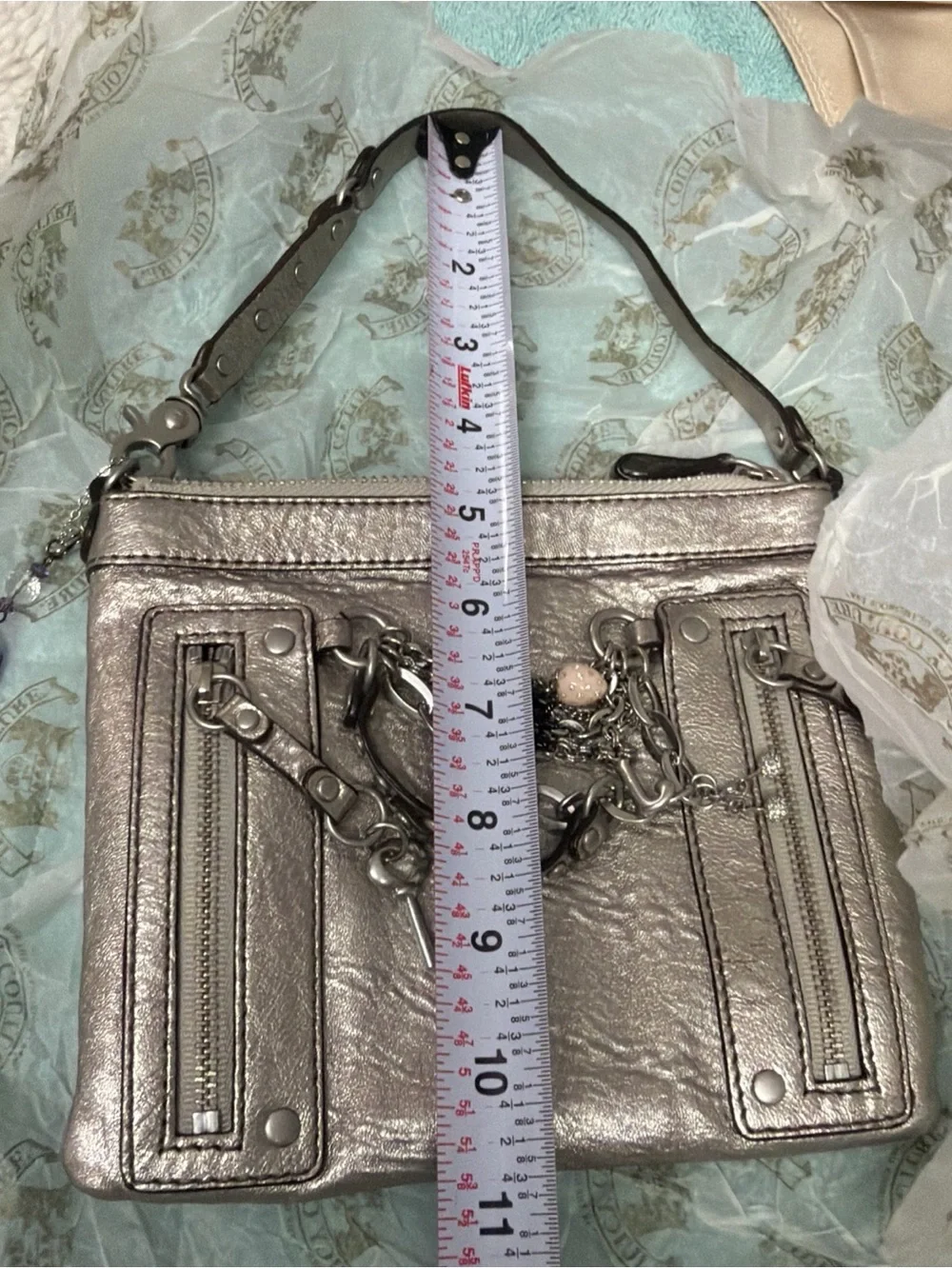 Juicy Couture Metallic Silver Chain charm Accent Women’s Shoulder Bag